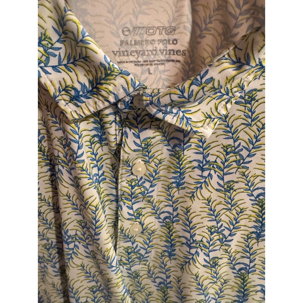 Vineyard Vines Mens Palmero Polo Shirt Large Blue Green Leaf Print Golf L